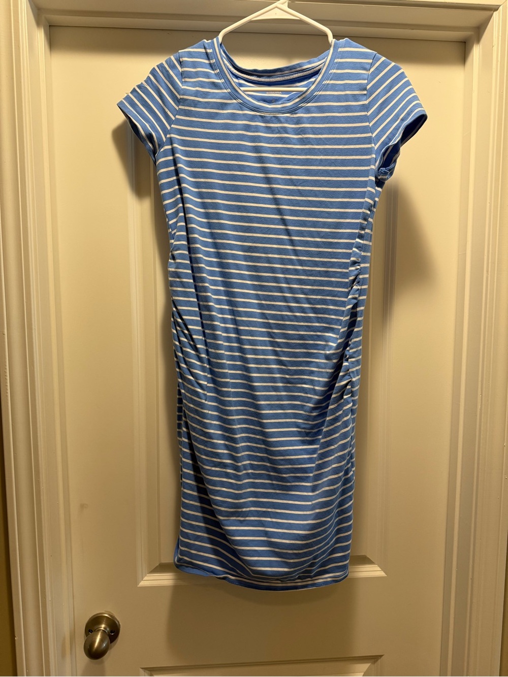 Maternity Blue and White Striped Midi Dress — Women’s Casual Tee Dress